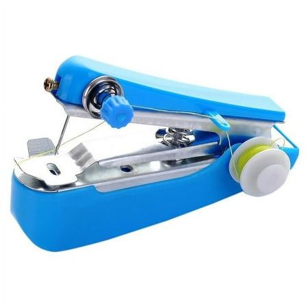 Blue portable sewing machine on a white background